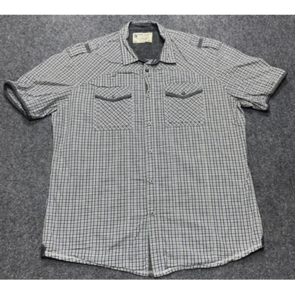 Marc Ecko Cut & Sew Shirt Mens XL Blue Gray Plaid Short Sleeve Button Up Epaulet